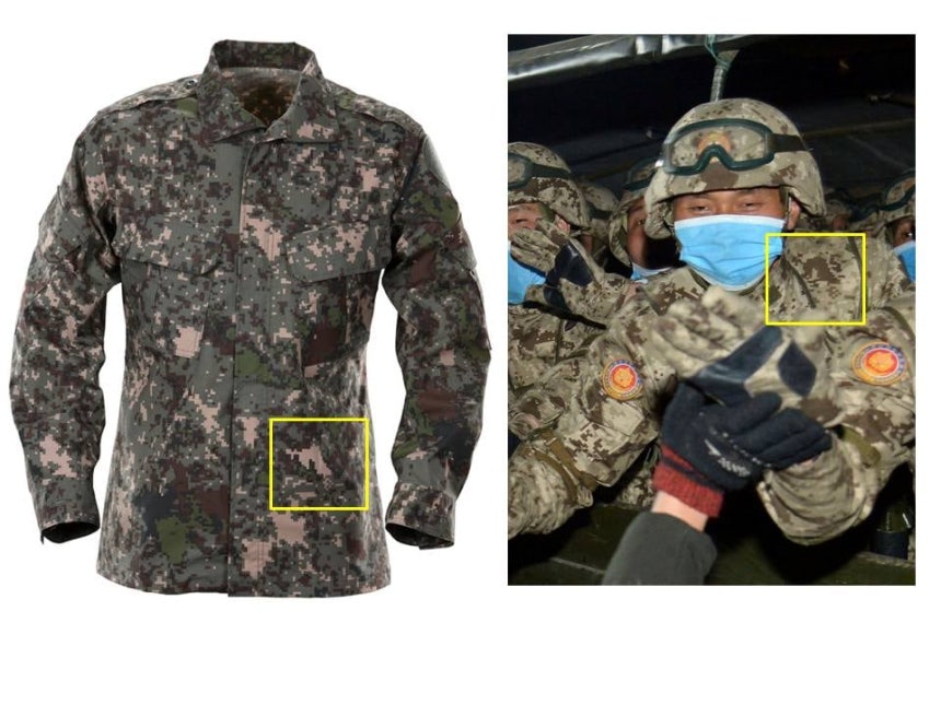 한국군이 사용 중인 디지털 픽셀 전투복(왼쪽)과 지난 2021년 1월 북한 열병식에 등장한 픽셀 전투복.  /국방부, 조선중앙통신 연합뉴스