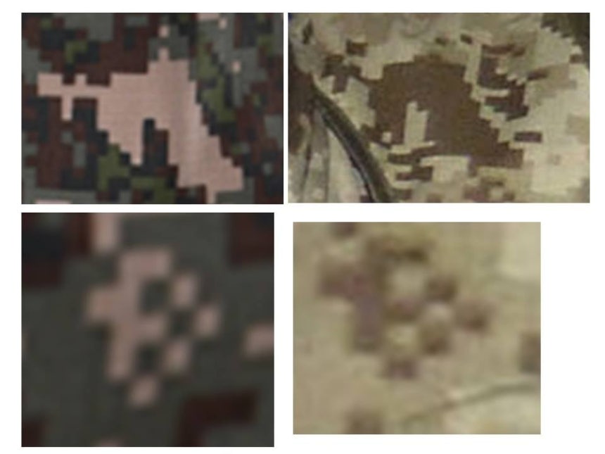 한국군이 착용하는 디지털 픽셀 전투복(왼쪽)과 2021년 북한 열병식에서 포착된 인민군 전투복의 디지털 픽셀 무늬. /국방부, 북한 조선중앙통신